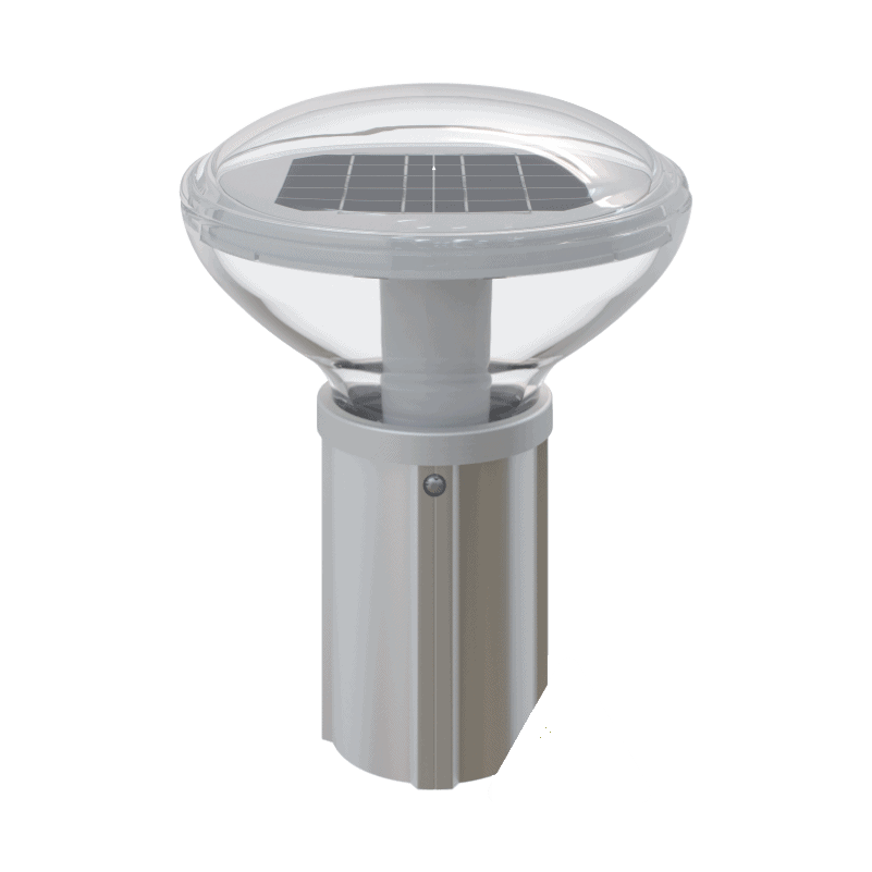 HIGHLUX Solar Bollard — domed clear-top head with solar panel on a marine-grade aluminium pole, lit