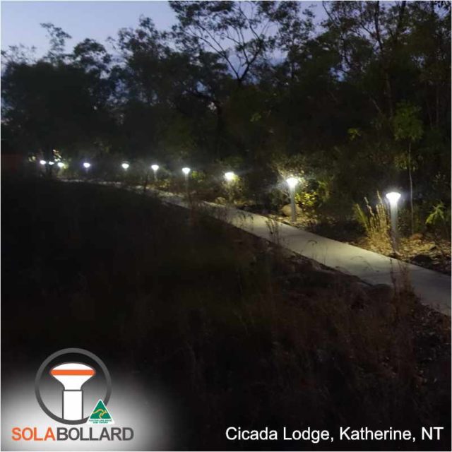 Solar bollard pathway lighting at Cicada Lodge holiday park, Katherine NT